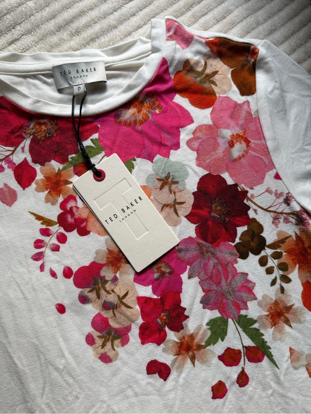 Ted Baker White Floral Crewneck Tee with Pink & Orange Blooms - Picture 4 of 8